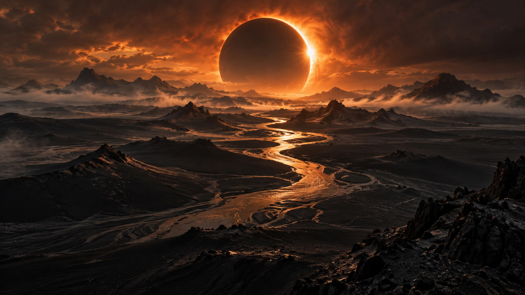 An amber eclipse above a black volcanic landscape and a winding reflective river