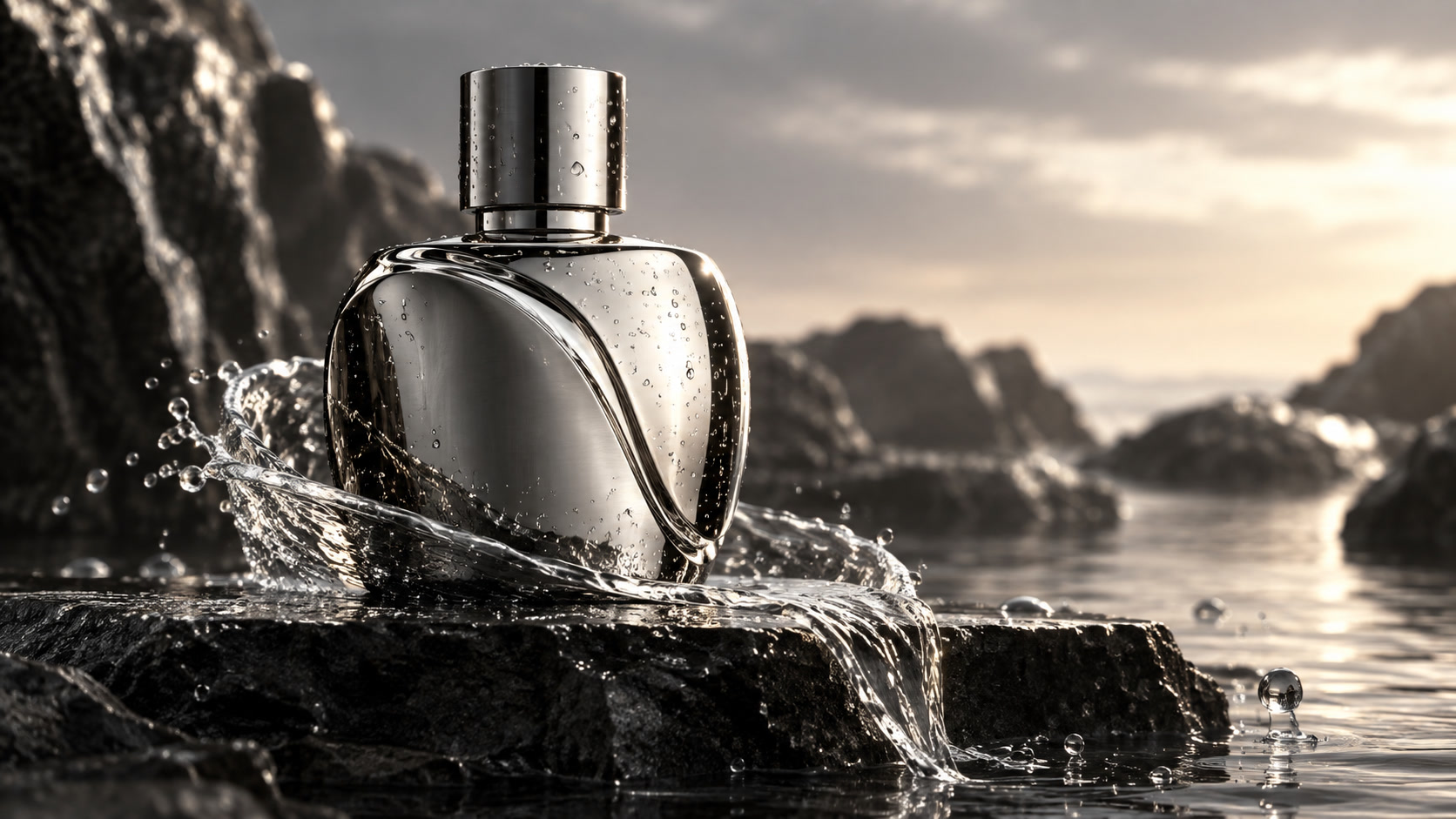A sculptural chrome bottle on a wet stone pedestal