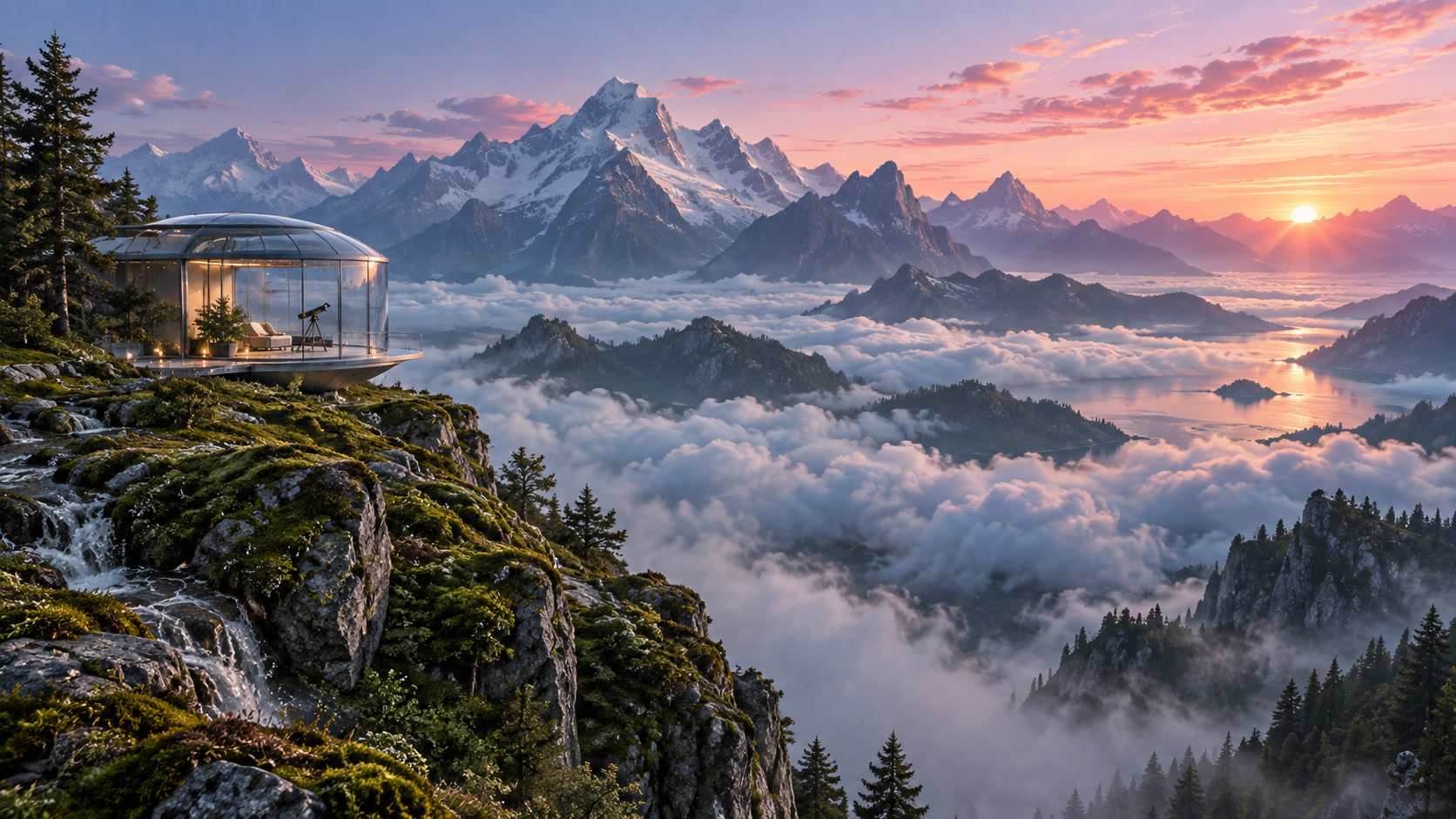 A glass observatory above a cloud-filled mountain valley at pink dawn